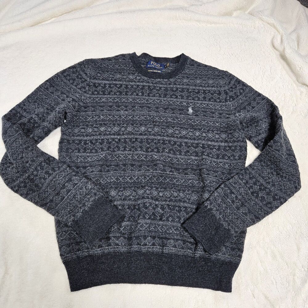 Polo Ralph Lauren Fair Isle Washable 100% Merino Gray Wool Sweater‎ Men's SMALL